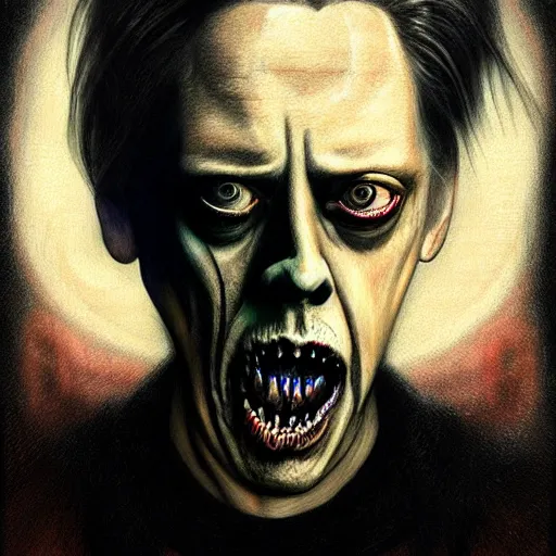 Image similar to disturbing grunge still of a lovecraftian demon infested steve buscemi, crayon horror art in dark and muted colors, by arthur adams, by tom bagshaw, by henry asencio, by kikuchi hideyuki