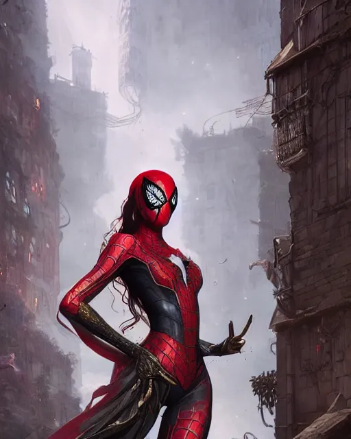 Image similar to a beautiful spiderwoman wearing a magical armor posing in a magical town, hyper realistic face, fantasy art, in the style of greg rutkowski, illustration, epic, fantasy, intricate, hyper detailed, artstation, concept art, smooth, sharp focus