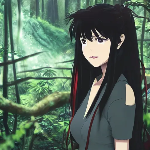 Image similar to a female anime character with long black hair, in a misty jungle surrounded by broken technology, in the style of mamoru oshii, ghost in the shell