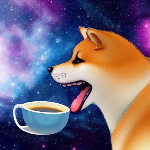 Image similar to a digital painting of a shiba inu astronaut drinking a cup of coffee in space. colorful sky full of stars, gas nebula ans galaxies. 8 k ultra hd, sharp and coherent, trending on artstation, extremely detailed, reveal lighting