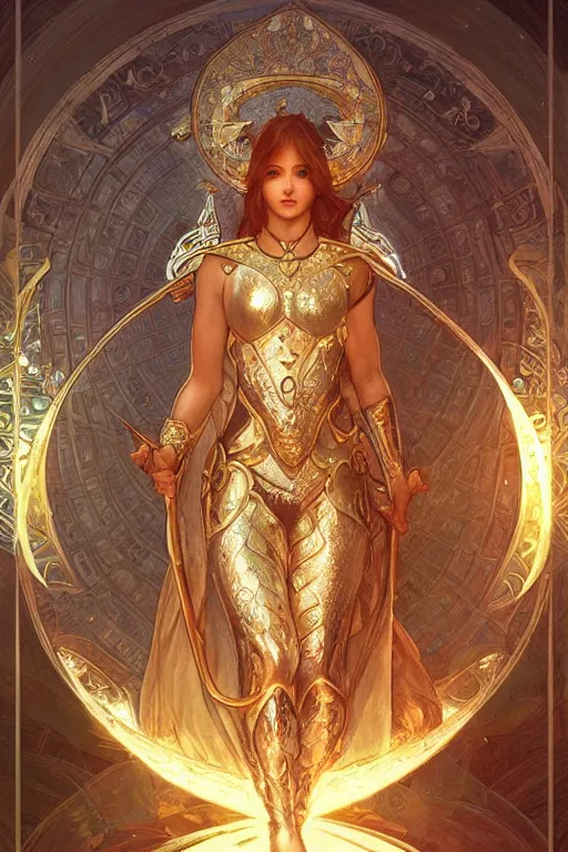 Prompt: Pisces zodiac tarot card, holy light, intricate armor, elegant, highly detailed, digital painting, artstation, concept art, smooth, sharp, focus, illustration, art by artgerm and greg rutkowski and alphonse mucha