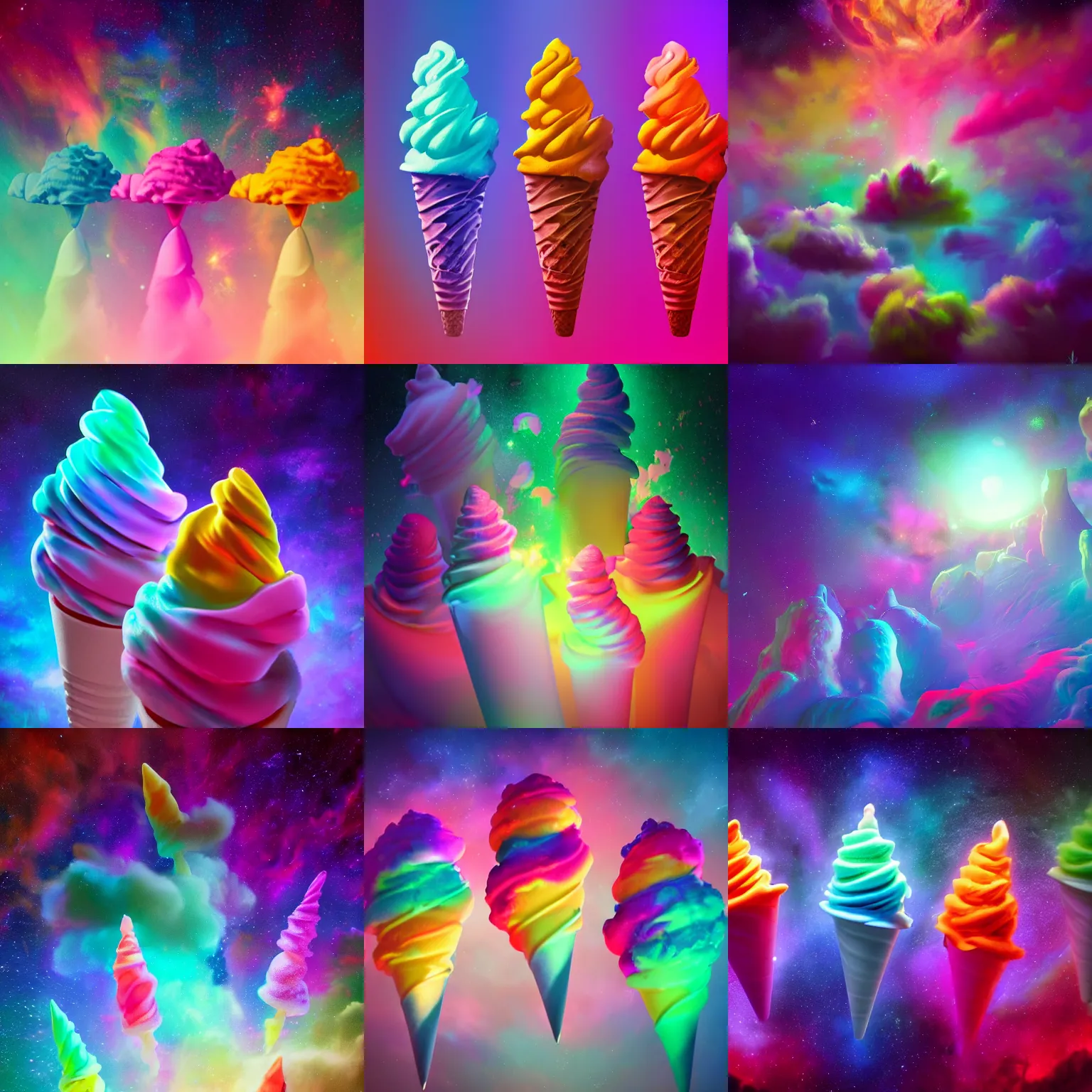 Prompt: colorful soft - serve ice cream cones in a colorful fantasy nebula, dramatic lighting, cinematic, extremely high detail, photorealistic, cinematic lighting, post processed, concept art, artstation, matte painting, style by greg rutkowsky