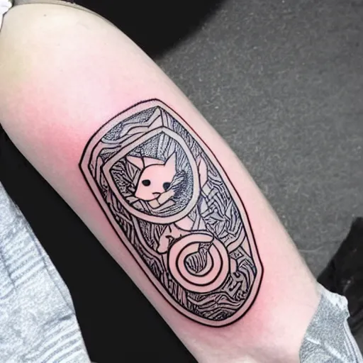 Image similar to a geometric style tattoo of a siamese cat laying in a bowl of ramen noodles