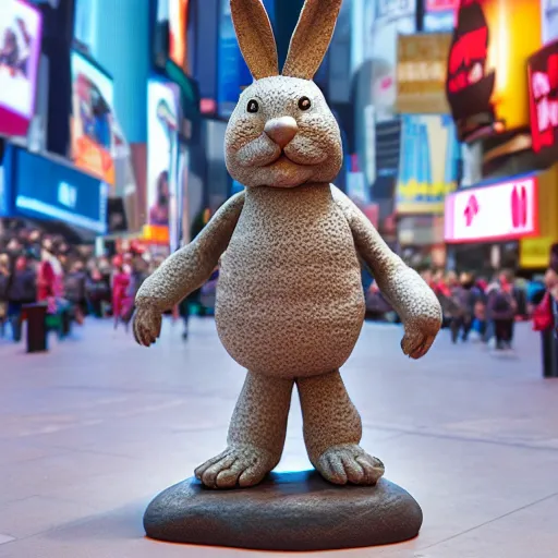 Image similar to an award winning clay sculpture of a funny bunny made by michelangelo, standing in times square, 3 d render, hyper detailed, sharp focus, 8 k resolution