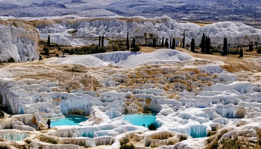 Image similar to a lush pamukkale high - tech city landscape with gold beautiful temples and royal blue mage wearing a space suit wondering around the luxurious street