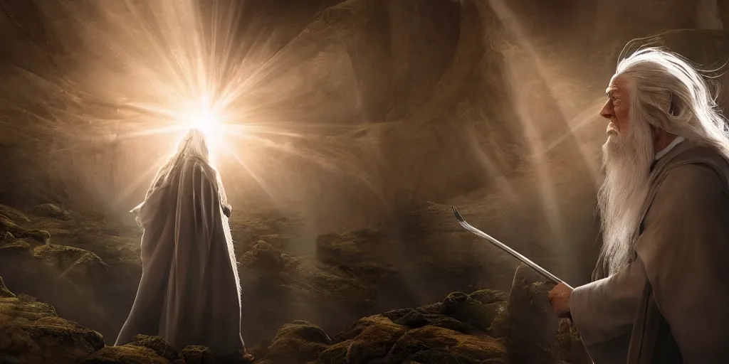 Image similar to a beautiful photo of gandalf being starred by donald trump, intricate detail, god rays, photography, volumetric light, cinematic, 8 k