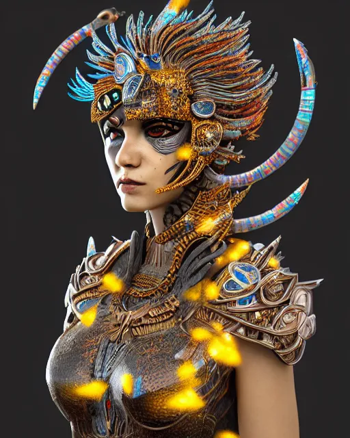 Image similar to 3 d warrior goddess medium shot portrait. beautiful hyperrealistic intricate highly detailed magpie helm, shattered armor, kintsugi, quetzalcoatl, korean hanbok, bioluminescent, plasma, lava, ice, feather, in the style of chiara bautista, octane 3 d render