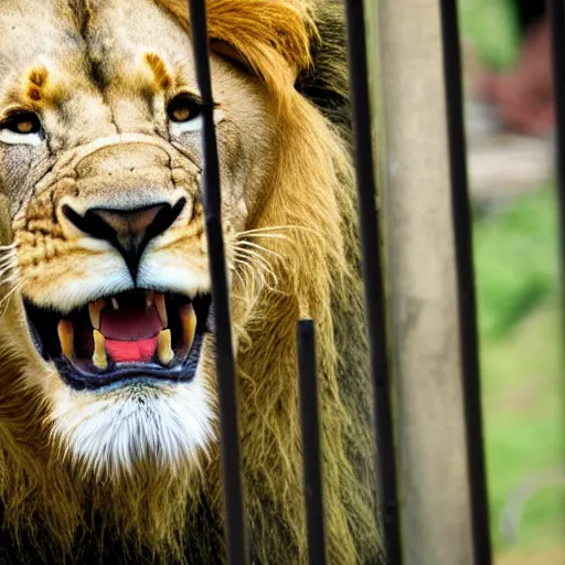 Prompt: lion roaring in cage at the zoo