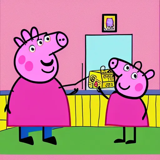 Prompt: peppa pig robbing a bank, digital art