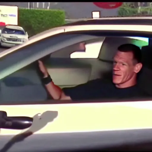 Prompt: CCTV footage of John Cena stealing a car