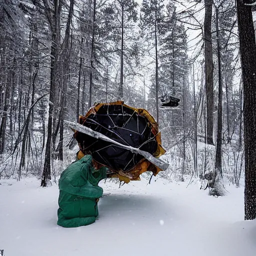 Image similar to big satellite debris scattered in snow open plane in a forest in Canada, below zero, two reporters take photos, in the style of Simon Stalenhag