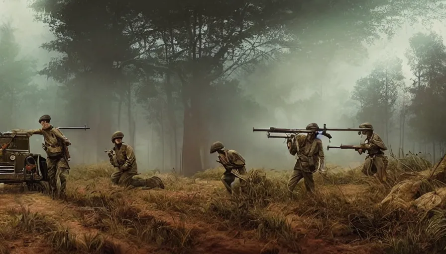 Image similar to British soldiers with a Lewis gun armed truck in 1921 in kerala forest road, tribe members attacking, action scene, an epic fantasy, dramatic lighting, cinematic, establishing shot, extremely high detail, photorealistic, cinematic lighting, artstation, matte painting by simon stalenhag, horizon forbidden west