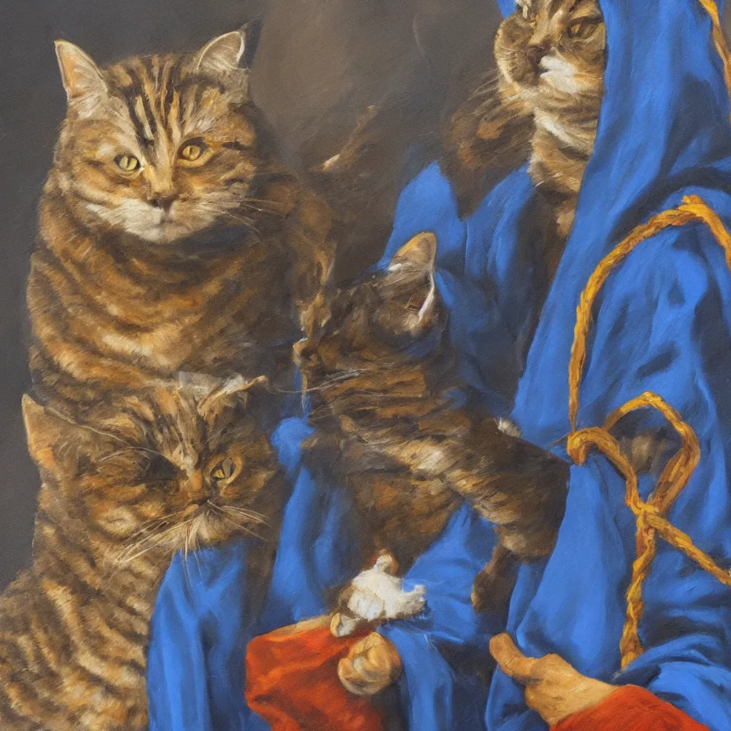 Image similar to oil painting portrait of a cat wizard wearing blue robes
