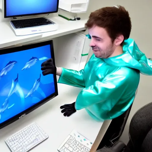 Image similar to A chemist wearing a dolphin outfit playing games on a computer