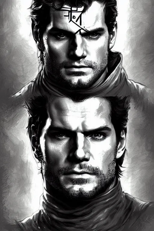 Image similar to portrait of henry cavill as solid snake, metal gear solid, upper body,, henry cavill!!!, fantasy, intricate, elegant, highly detailed, digital painting, artstation, concept art, smooth, sharp focus, illustration, art by artgerm and greg rutkowski and alphonse mucha