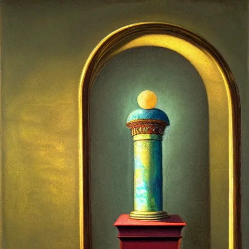 Prompt: still life painting of a room with a marbled pedestal displaying an ancient holy artifact centered in frame and shaped like a torus, chromed and ornate with gentle iridescent shine from within. perspective from the side and centered. realistic light and shadows. moody fantasy magical, still life renaissance pastel painting. focused