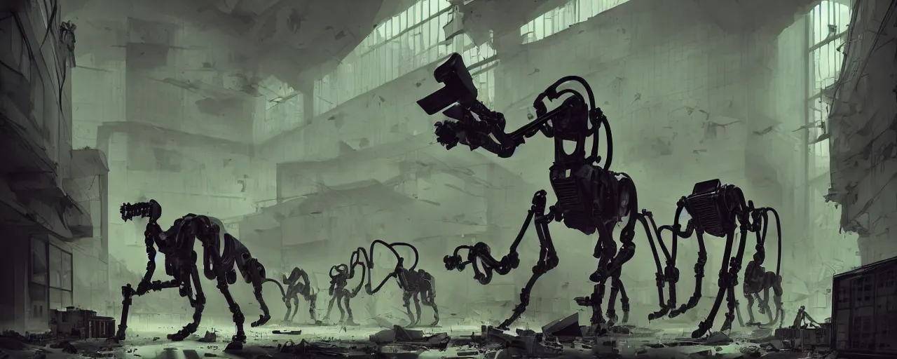 Prompt: duotone noir concept illustration boston dynamics robots fighting with bureaucrats in suits in the ruined offices, octane render, concept hideo kojima surreal atmosphere, abandoned buildings volumentric lighting. cosmic horror. accidental renaissance. by sachin teng and sergey kolesov and ruan jia and heng z. graffiti art, scifi, fantasy, hyper detailed. trending on artstation