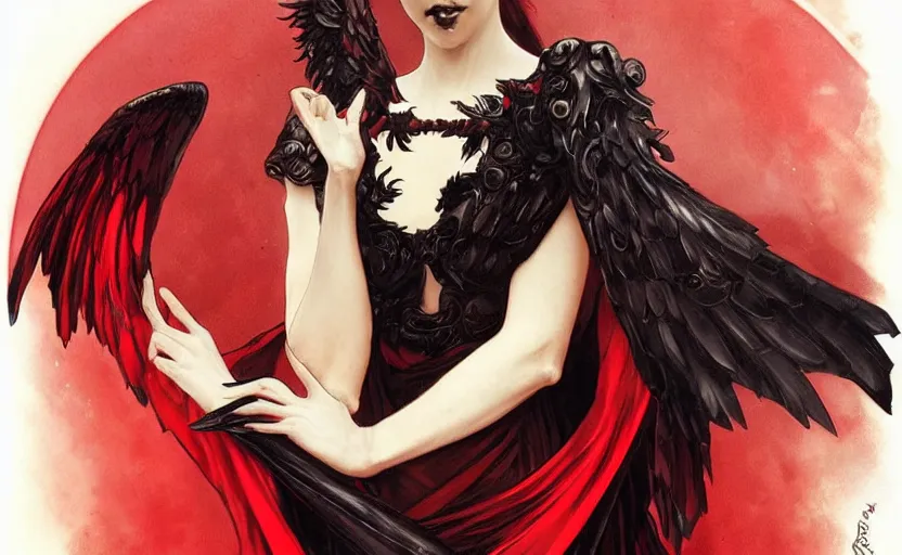 Image similar to Female dark angel in gothic red and black dress, their black wings are extended. By artgerm and greg rutkowski and alphonse mucha