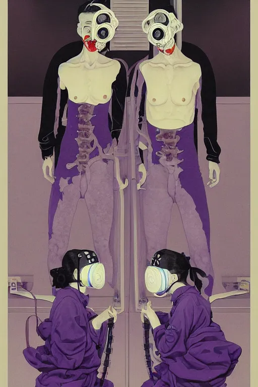 Image similar to a surreal frances bacon and takato yamamoto painting of two skinny figures, fleshy, wearing ornate gas masks and clothed in purple and blue, inside a grand dystopian room with fires raging and medical equipment, full view, concept art, horror art, extremely high details, hyper realistic high quality adrian ghenie and edward hopper