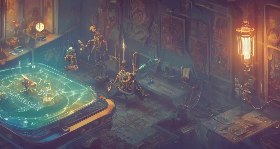 Prompt: a beautiful tapestry, a small robot playing a futuristic holographic game, ultra detailed, isometric view atmospheric lighting, steampunk, moody, candles, characters from machinarium, by don bluth, trending on artstation, octane render, 8 k, ultra realistic