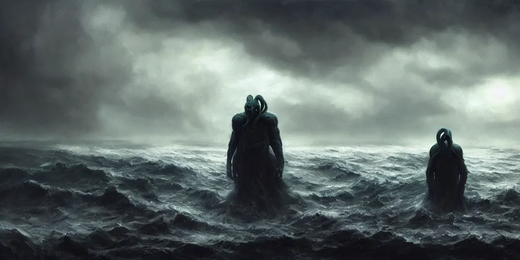 Image similar to cthulhu rising out of the ocean, hyper realistic oil painting, dark, moody cinematic lighting, creepy, fog, storm clouds, by greg rutkowski, trending on artstation