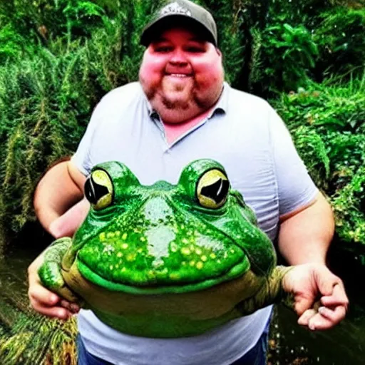 Prompt: fat man holding worlds largest fat frog which is screaming