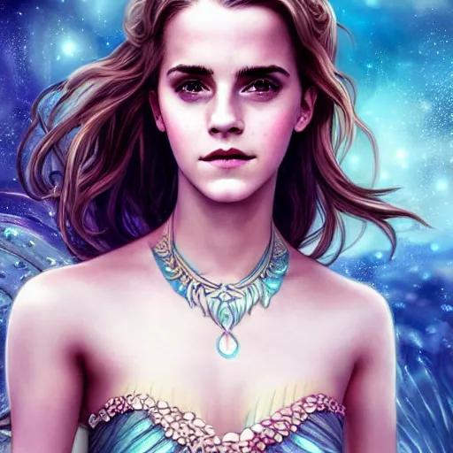 Image similar to Emma Watson as a beautiful mermaid, cute, fantasy, intricate, elegant, highly detailed, digital painting, 4k, HDR, concept art, smooth, sharp focus, illustration, art by artgerm and H R Giger and alphonse mucha