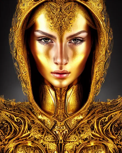 Image similar to airbrush portrait of woman in shining golden armor, high production value, intricate details, high resolution, hdr, high definition, masterpiece, realistic, ultrarealistic, highly detailed, hd, sharp focus, non blurry, sharp, smooth