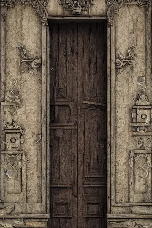 Prompt: a huge old weathered dark brown wooden door with shiny metallic rush plant ornaments, ornate, fantasy, photorealistic, realistic, octane render, volumetric light, high definition, ultra detailed, tranding on artstation, midjourney