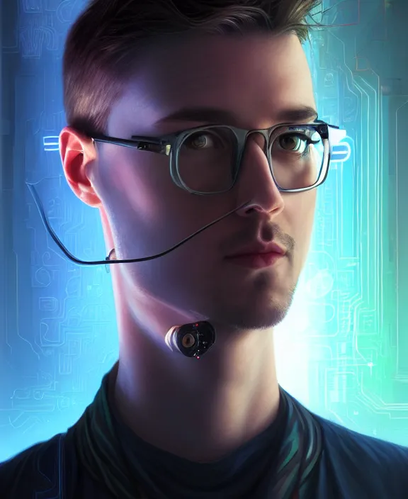Prompt: a whirlwind inside the metaverse, guy, male, man, glasses, hologram, half body, neurochip, android, cyborg, cyberpunk face, by loish, d & d, fantasy, intricate, elegant, highly detailed, colorful, digital painting, artstation, concept art, art by artgerm and greg rutkowski and alphonse mucha