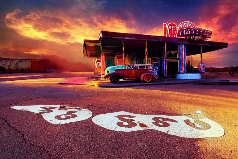 Image similar to a sunset light landscape with historical route 6 6, lots of sparkling details and sun ray ’ s, blinding backlight, smoke, volumetric lighting, colorful, octane, 3 5 mm, abandoned gas station, old rusty pickup - truck, beautiful epic colored reflections, very colorful heavenly, softlight