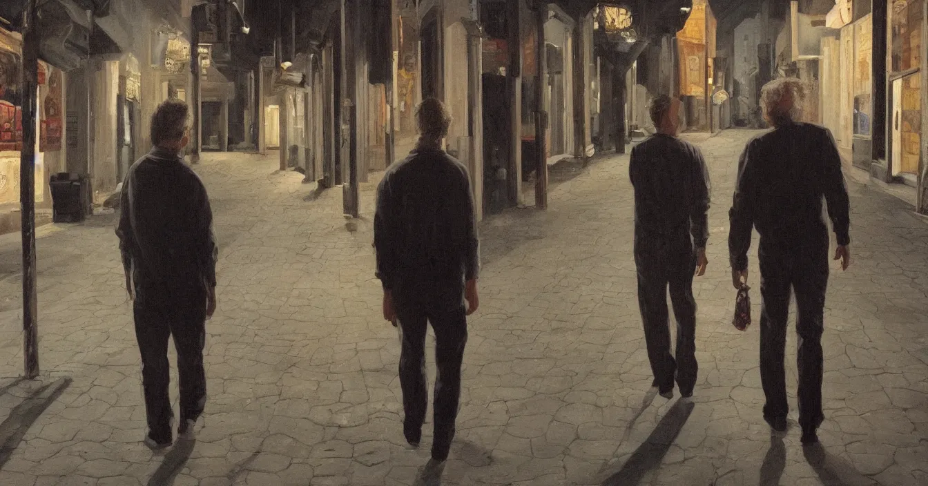 Image similar to todd solondz, high quality high detail painting of todd solondz walking with a friend in an empty tel aviv street, face of todd solondz, night, by lucian freud and gregory crewdson, hd, photorealistic lighting