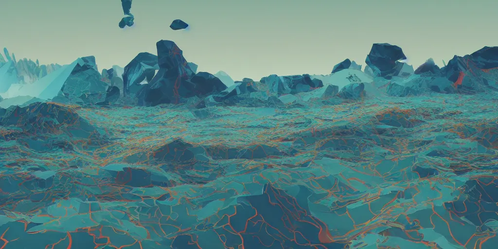 Prompt: abstract 3d landscape painting at noon painted by james jean and zaha hadid in no mans sky style, redshift, octane