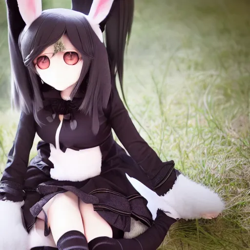 Image similar to cute fumo plush bunny girl, floppy ears, gothic maiden, alert, furry anime, vray, smile