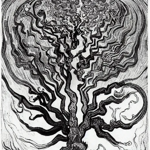 Image similar to divine chaos engine by vincent van gogh and ernst haeckel, symbolist, visionary