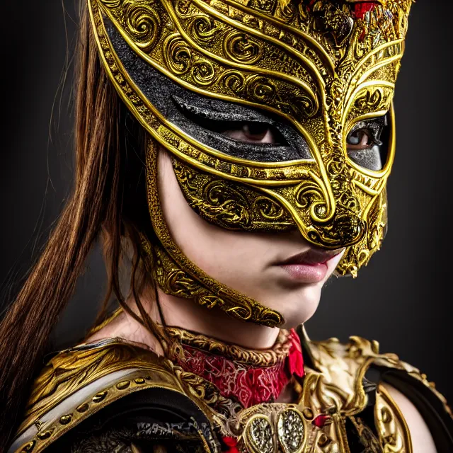 Image similar to full length portrait photo of a female warrior with ornate venetian mask highly detailed, 8 k, hdr, close up, smooth, sharp focus, high resolution, award - winning photo