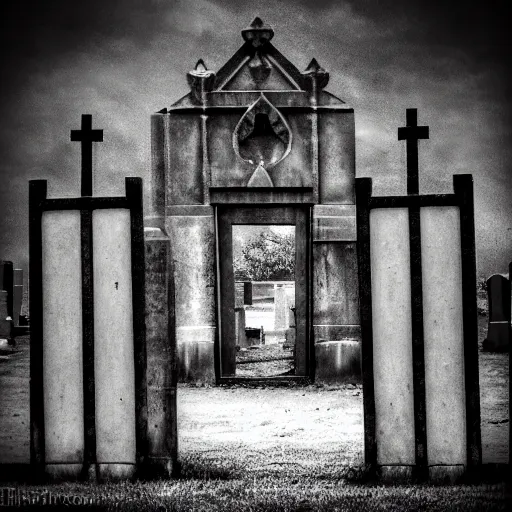 Prompt: Creepy entrance of a cemetery, grey sky