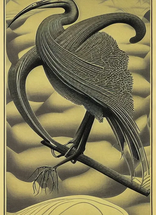 Image similar to art deco poster of the night - crowned black heron by mc escher, by ernst haeckel