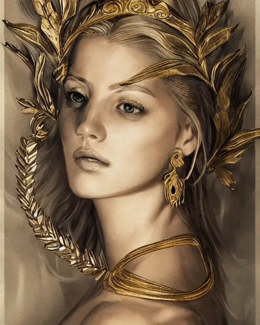 Image similar to tattoo sketch of blonde super model aphrodite greek goddess wearing a gold laurel wreath and triangle earrings, beautiful piercing gaze with sharp pupils, in the style of greg rutkowski, fantasy, amazing detail, epic, elegant, smooth, sharp focus, front view