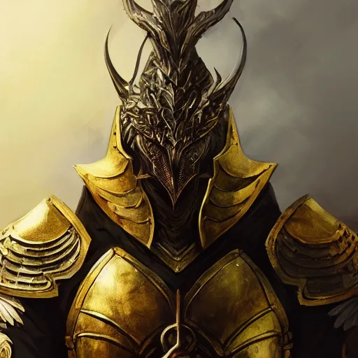 Prompt: anthropomorphic dragon warrior stands tall wearing black and gold plate armor, cute and adorable, DnD character art portrait, matte fantasy painting, DeviantArt Artstation, Character design, intricate artwork by Tooth Wu and greg rutkowski, cinematic, hyper realism, high detail, Vibrant colors, Smooth gradients, High contrast, depth of field