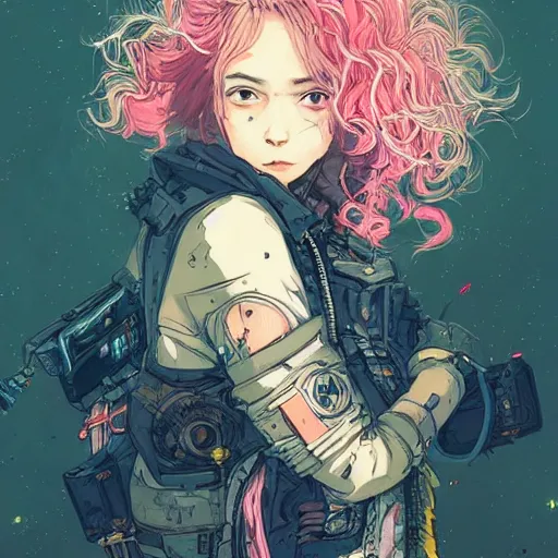 Image similar to portrait of a grungy cyberpunk anime in battle pose!!, very cute, by super ss, cyberpunk fashion, curly pink hair, night sky by wlop, james jean, victo ngai, muted colors, highly detailed