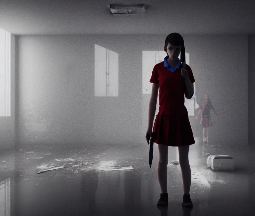 Image similar to school girl holding a knife and standing on an abandoned hospital room with red ceiling lighting and several blue lights on the walls, gloomy and foggy atmosphere, octane render, artstation trending, horror scene, highly detailded