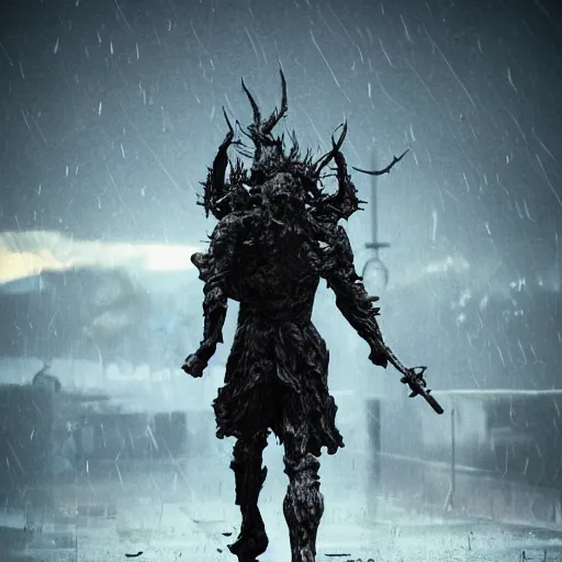Image similar to demonic figure standing in the rain after big battle soldiers dead behind him dark award winning, trending on artstation, unreal engine