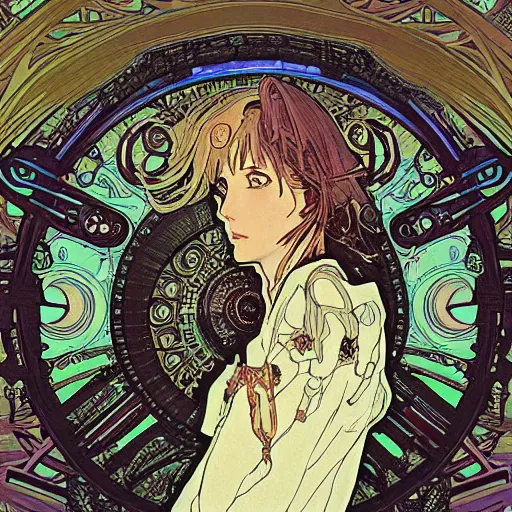 Image similar to alphonse mucha yoji shinkawa moebius jean girard shintaro kago junji ito esoteric hypnogogic ethereal ethereality dreamy combat mech cyberpunk synthwave gustave dore james gurney artstation rutowski artstation deviantart unsplash behance incredible intricate machinery illusionary art and trash polka