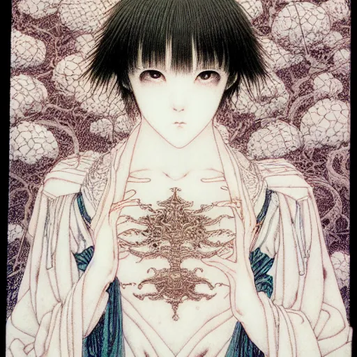 Prompt: prompt: Fragile looking vessel portrait soft light drawn by Takato Yamamoto, inspired by Fables, weapons around the face ancient dark chrome knight armor, magical and alchemical objects on the side, soft light, white background, intricate detail, intricate oil painting detail, sharp high detail, manga and anime 2000