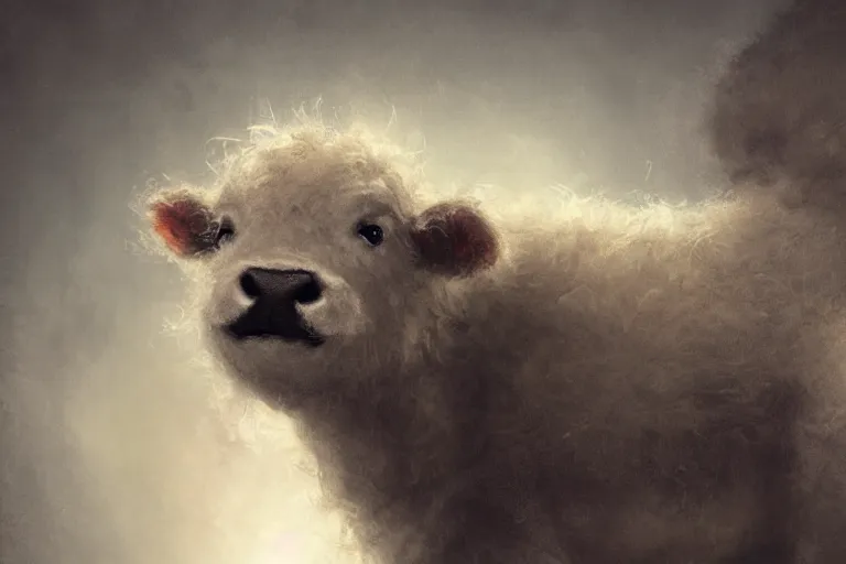 Prompt: cute fluffy calf by jean - baptiste monge, high quality, high resolution, 4 k, painted by cgsociety, rutkowski, gurney with ambient lighting, concept art, detailed, smooth, dynamic volumetric cinematic lighting, octane, raytrace