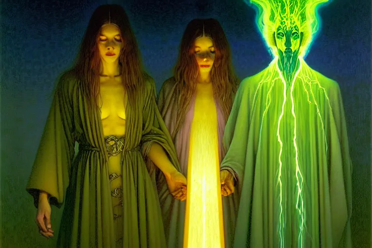 Image similar to the female arcanist and the male artificer by zacharias aagaard and albert bierstadt and gerald brom and zdzisław beksinski and james gilleard and marc simonetti and jean delville, beautiful, robes, highly detailed, hyperrealistic, intricate, energy, electricity, blue flame, low light, green crystal, high contrast