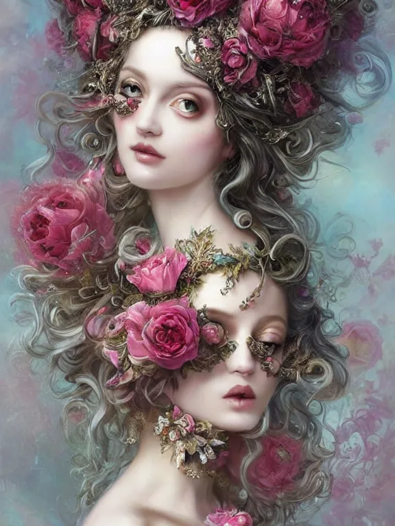 Prompt: a fairy lady , rococo dramatic headdress ,baroque intricate fractals of roses,dressed, dembellished pearls tassels, made of crystal, tom bagshaw,Cedric Peyravernay,Virginie Ropars ,Billelis,Nekro,trending on pinterest,hyperreal,jewelry,gold,maximalist