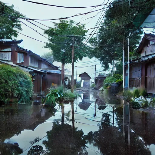 Image similar to still photo of rain puddles and reflections in a japanese village, cloudy weather, highly detailed, photorealistic shot, bright studio setting, studio lighting, crisp quality and light reflections, unreal engine 5 quality render