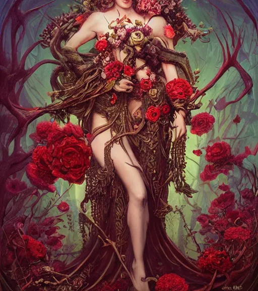 Image similar to portrait of the beautiful supreme queen of the blood cult, full body, surrounded by skulls and overgrowth and dark flowers by karol bak, James Jean, tom bagshaw, rococo, trending on artstation, cinematic lighting, hyper realism, octane render, 8k, hyper detailed.